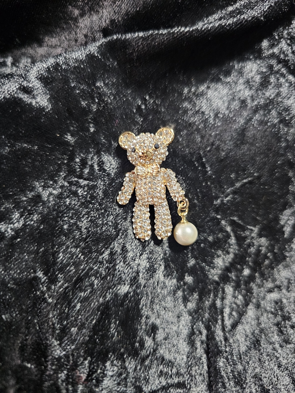 Gold Teddy Bear Crystal Brooch with Pearl Charm - Kids Accessories